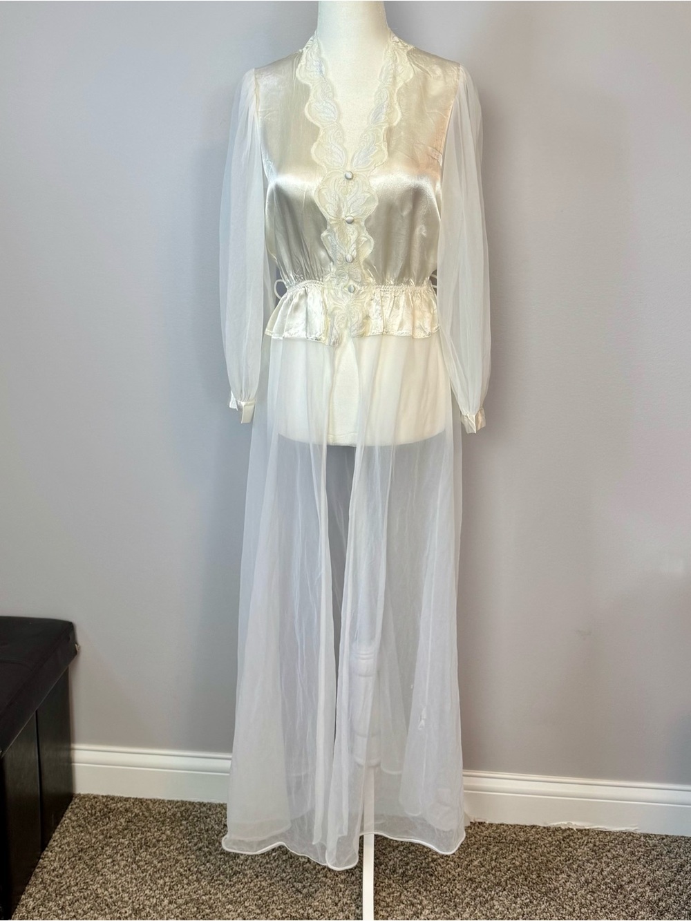 Vintage Val Mode Sheer Ivory Long Robe with Satin Bodice